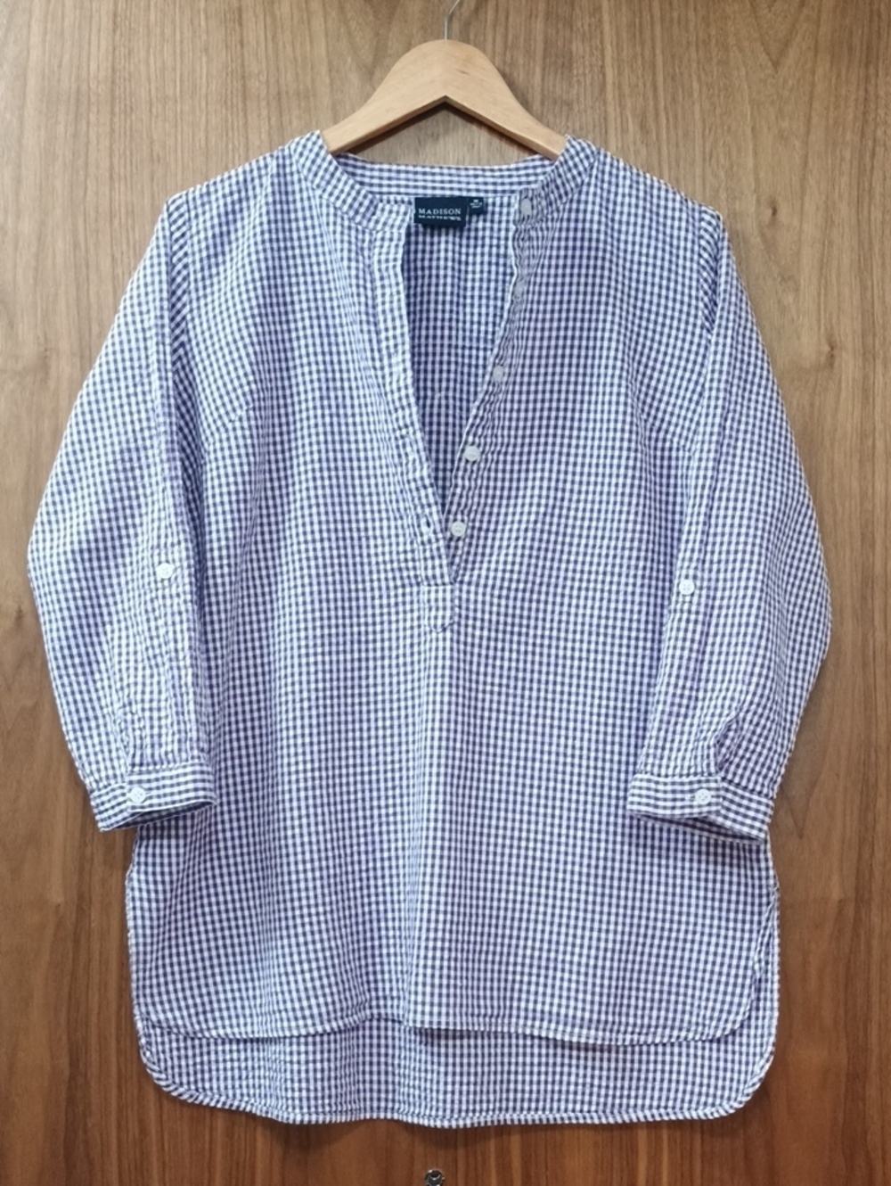 Madison Mathews Purple and White Gingham Button Placket Shirt